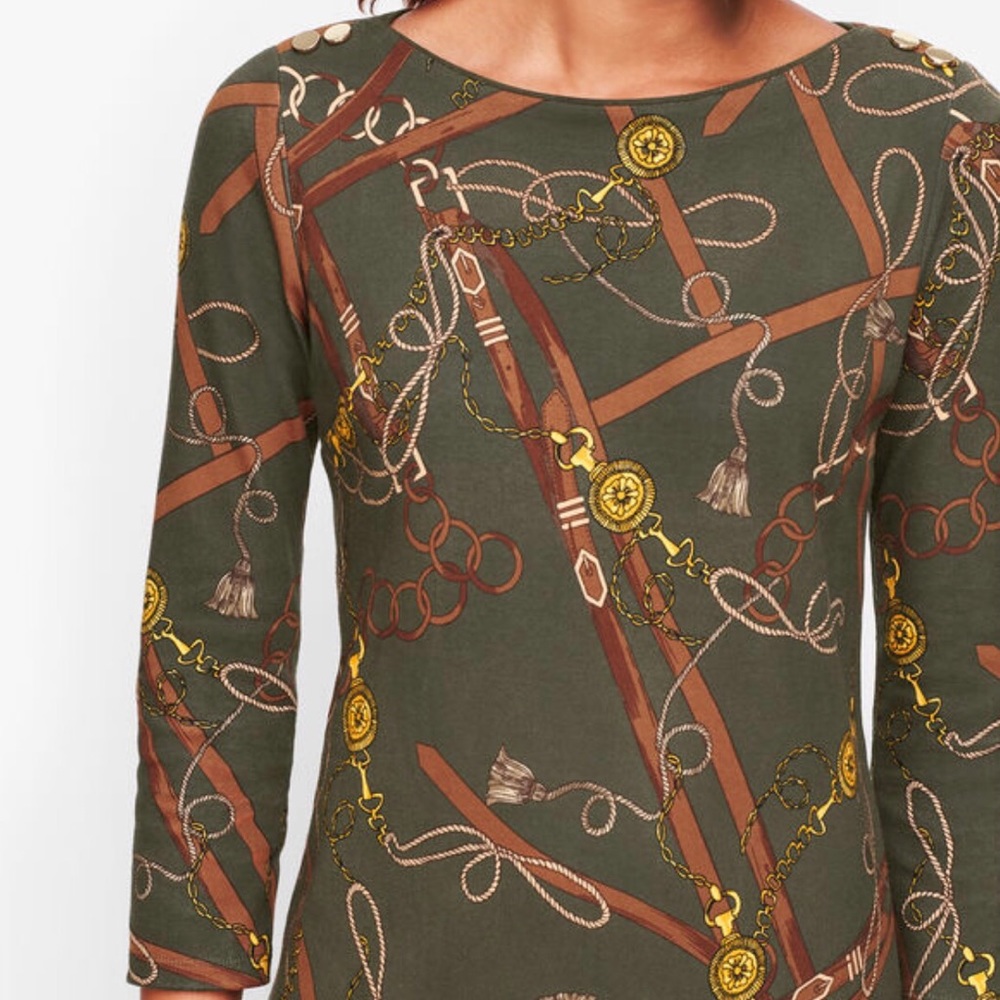 TALBOTS PETITE OLIVE GREEN EQUESTRIAN PRINT SHIFT DRESS SIZE LP - Picture 4 of 16